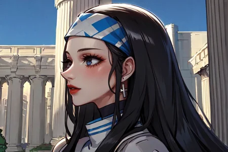 highly insanely detailed, masterpiece, top quality, best quality, highres, 4k, 8k, RAW photo, (very aesthetic, beautiful and aesthetic),
beth_\(megami_tensei\),bethsmtii,shin megami tensei ii,long hair,black hair,straight hair,sleek black,jewelry,cross,headband,red_lipstick,
<lora:zs_Beth:0.8>,
(1girl:1.3), 1other,
roman architecture background,multicolored background,âââ