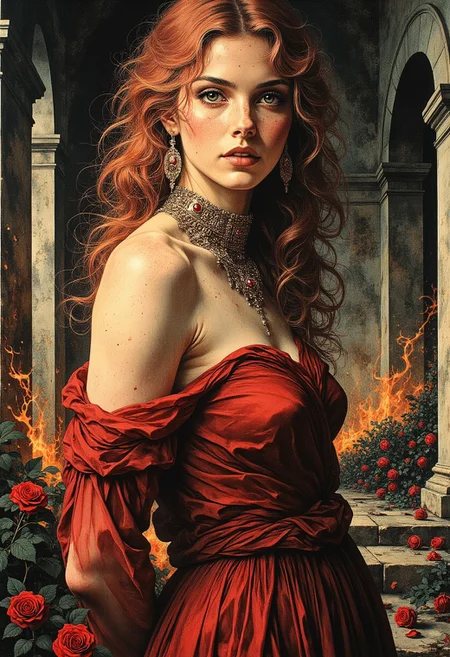An impressionist classical-style painting capturing the embodiment of sensual energy and the raw, electrifying intensity of lust. The composition centers on a strikingly beautiful, slender woman standing with captivating poise amidst an ethereal, dark landscape. Her pale, porcelain skin is luminous against the velvety black background, accentuated by dramatic Rembrandt lighting that sculpts her form with chiaroscuro contrasts, casting deep shadows that enhance her allure and mystique.
Her face is mesmerizing, framed by waves of wild, cascading deep red hair that flows around her as if caught in a heated, invisible breeze. The vibrant curls ripple with movement, their rich crimson hues illuminated by flickering golden highlights, evoking the imagery of flames. Strands dance chaotically around her, enhancing her raw, untamed presence, and giving her an almost supernatural aura.
Her fiery green eyes are piercing and intense, casting a provocative, unwavering gaze directly at the viewer. The vibrancy of her eyes is magnified by the dramatic lighting, reflecting an inner fire that echoes the lustful energy surrounding her. Delicate freckles dust her cheeks and nose, adding a touch of innocence that contrasts beautifully with the fierce passion in her expression. Her lips are full and parted slightly, painted in a deep crimson hue that matches the swirling fabric around her, exuding sensuality and longing.
Around her neck, she wears an ornate jeweled choker, intricately crafted with shimmering rubies and gold filigree. The gemstones catch the faint light, glistening like embers against her pale throat, emphasizing her regal and dangerous allure. The choker’s rich, intricate patterns complement the wild elegance of her cascading hair and the intensity of her gaze.
Her body is draped in a sheer, crimson fabric that clings seductively to her figure, tracing every curve with delicate precision. The fabric is impossibly light and fluid, billowing around her like living flames that lick and coil through the air, creating a sense of motion and intensity. The translucent material reveals glimpses of her graceful silhouette beneath, highlighting her slender waist and long legs, while maintaining an air of mystery and allure. The crimson hues of the fabric blend seamlessly with the fiery swirls in the background, enhancing the impression that she is born from the flames themselves.
Her arms are positioned behind her back, accentuating the elegant arch of her shoulders and the proud lift of her chin, conveying a sense of confidence and dominance. This posture also creates an impression of restrained power, as if she is holding back an overwhelming force of passion and desire. Her stance is poised and deliberate, embodying the raw, unapologetic intensity of lust.
The background is a mesmerizing vision of ancient gothic ruins, shrouded in shadow and out of focus, creating an atmosphere of mystery and timelessness. The ruins are faintly illuminated by swirling hues of crimson and gold that spiral through the air, as if the very atmosphere is alive with the heat of desire. The soft glow of embers flickers in the distance, casting an otherworldly light that dances across the crumbling stone arches and ancient pillars, heightening the dramatic, cinematic ambiance.
The air around her is charged with sensual energy, visualized through swirling tendrils of flame-like mist that coil and spiral in hypnotic patterns. These fiery swirls reflect the raw, untamed nature of lust, flickering and shifting as if breathing with her. They blend into the crimson fabric that wraps around her, giving the illusion that she is emerging from the flames, a goddess of desire incarnate.
At her feet, roses are scattered in a lush, tangled array of red and black blooms, their petals velvety and rich with color. The contrast between the deep, blood-red roses and the inky black blossoms enhances the dramatic palette of the scene. The roses are beautiful yet dangerous, their sharp, prominent thorns gleaming under the golden highlights, suggesting the duality of desire—passionate yet perilous. Some petals lie scattered on the ancient stone floor, adding a touch of melancholy and fleeting beauty to the composition.
The entire scene is enveloped in atmospheric, dynamic lighting that creates a haunting, almost supernatural ambiance. The use of Rembrandt lighting casts deep, eye-catching shadows and intense highlights, emphasizing the depth and dimensionality of the image. The interplay of light and shadow enhances the realism and emotional impact of the painting, while subtle film grain and a delicate bokeh effect add a vintage, cinematic quality.
This masterpiece blends impressionist brushwork with ultra-realistic detail, capturing the complexity of lust through a harmonious dance of color, light, and form. Every element—from the delicate translucency of the fabric to the fierce glow of her emerald eyes—is crafted to evoke the raw intensity and undeniable allure of desire, making this painting a captivating portrayal of sensual energy in its most primal, powerful form.