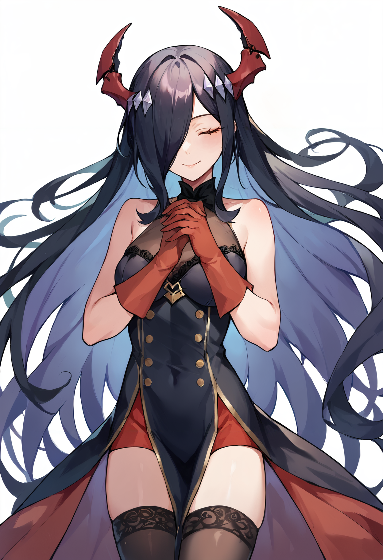 score_9,score_8_up,score_7_up,score_6_up <lora:mommy-fdg:1> mommy-fdg, 1girl, bare shoulders, black bow, black dress, black hair, black thighhighs, bow, box, closed eyes, dress, dress bow, gloves, hair over one eye, hands up, horns, long hair, looking at viewer, red dress, red gloves, red horns, simple background, smile, solo, thighhighs, two-tone dress, very long hair, white background
