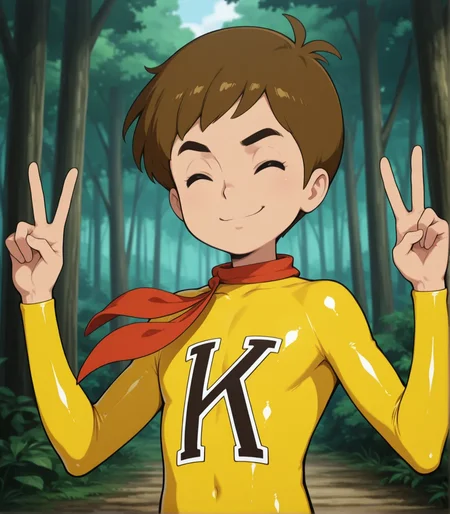 izumiken, clothing, neckerchief,best quality, absurdres, 8k,1boy, yellow clothes,yellow bodysuit, brown hair,closed mouth,smile,eyes,upper body,solo,double v,forest, closed eyes, <lora:chargeManKen:1>