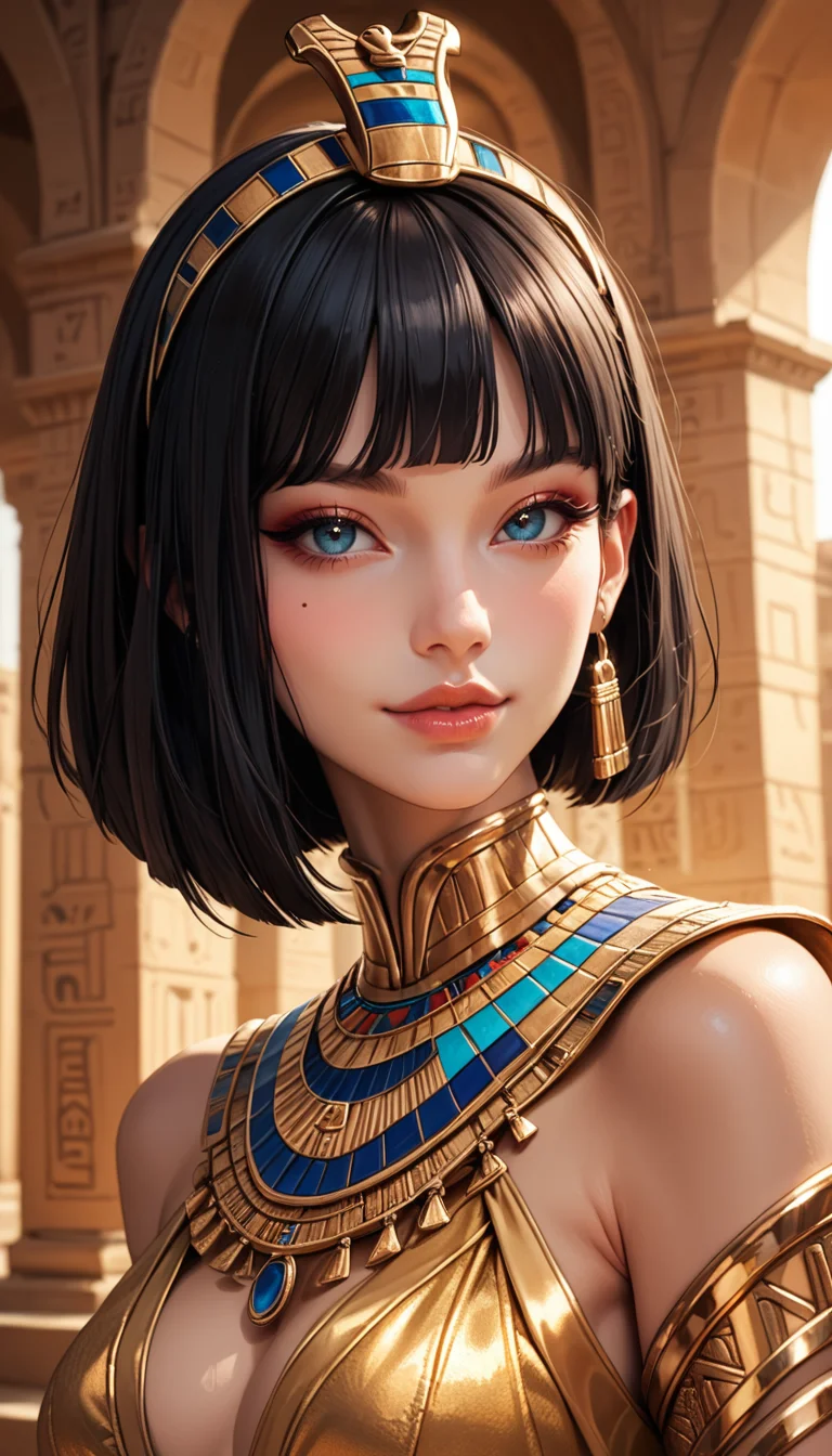 score_9, score_8_up, score_7_up, Portrait, girl, egyptian queen, cute, seductive, innocent, light smile:0.3, plump lips, slender body, black hair, bob cut, perfect make-up, intricate jewelry, golden headdress, captured in a walls adorned with hieroglyphics, 4n1v3rs3, depth of field, dynamic angle, fashion photography, sharp, hyperdetailed:1.15