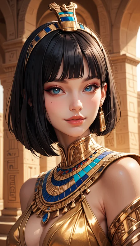 score_9, score_8_up, score_7_up, Portrait, girl, egyptian queen, cute, seductive, innocent, light smile:0.3, plump lips, slender body, black hair, bob cut, perfect make-up, intricate jewelry, golden headdress, captured in a walls adorned with hieroglyphics, 4n1v3rs3, depth of field, dynamic angle, fashion photography, sharp, hyperdetailed:1.15