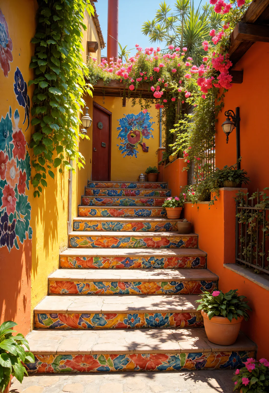 A vibrant, sunlit outdoor staircase in a Mediterranean or Mexican-inspired village. The steps are covered with intricate, hand-painted floral tiles in bold, vivid colors of red, blue, yellow, and green, each step uniquely patterned with bright flowers. The surrounding walls are painted in a rich orange and yellow hue, adorned with large, stylized floral murals that match the steps' designs. Lush, tropical plants with green foliage and blooming pink and red flowers cascade over the walls, adding to the lively, colorful atmosphere. The lighting is bright and natural, casting soft shadows that enhance the textures of the paint and tiles. A festive, cheerful ambiance fills the scene. in the style of Jed-clrfl <lora:flux-colourful:0.3> <lora:Sinfully_Stylish_.02_for_FLUX:0.6> <lora:FluxDFaeTasticDetails:0.7>