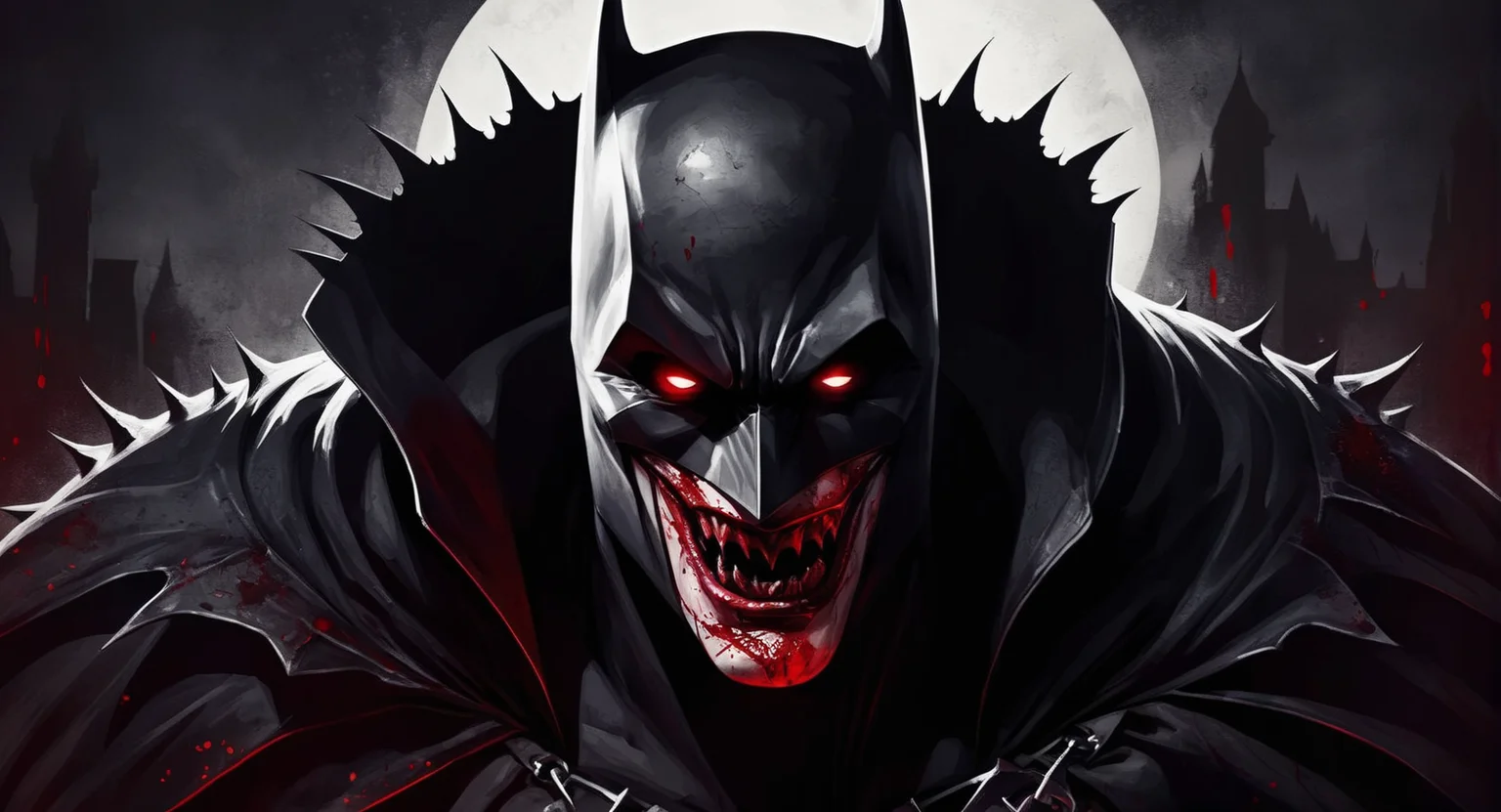 Dark Fantasy Art of <lora:Sin City:1>
a drawing of a creepy scary batman with a red eye and bloody red face and vampire fangs teeth sin city style, dark, moody, dark fantasy style