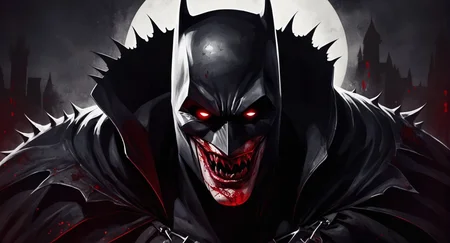 Dark Fantasy Art of  <lora:Sin City:1> 
a drawing of a creepy scary batman with a red eye and bloody red face and vampire fangs teeth sin city style, dark, moody, dark fantasy style