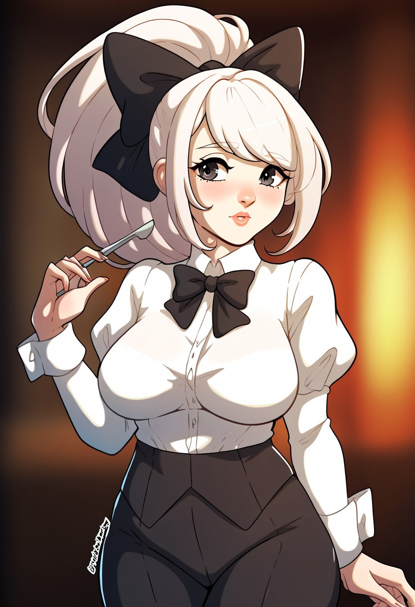 score_9, score_8_up, score_7_up, score_6_up, score_5_up, score_4_up, source_cartoon, <lora:confetti-extract- ponyxl:0.85>, detailed eyes, easynegative, rating_explicit, Expressiveh, 1girl, solo,
Geraldine, shirt, long sleeves, white shirt, white hair, ponytail, sidelocks, thighs, hair bow, collared shirt, pants, puffy sleeves, bowtie, black eyes,  wrist cuffs, black bow, dress shirt, swept bangs, black pants,  high ponytail, juliet sleeves,  black bowtie,  sleeve cuffs, traditional bowtie, necktie, big breasts, blush, shy, glossy lips, kinkymation