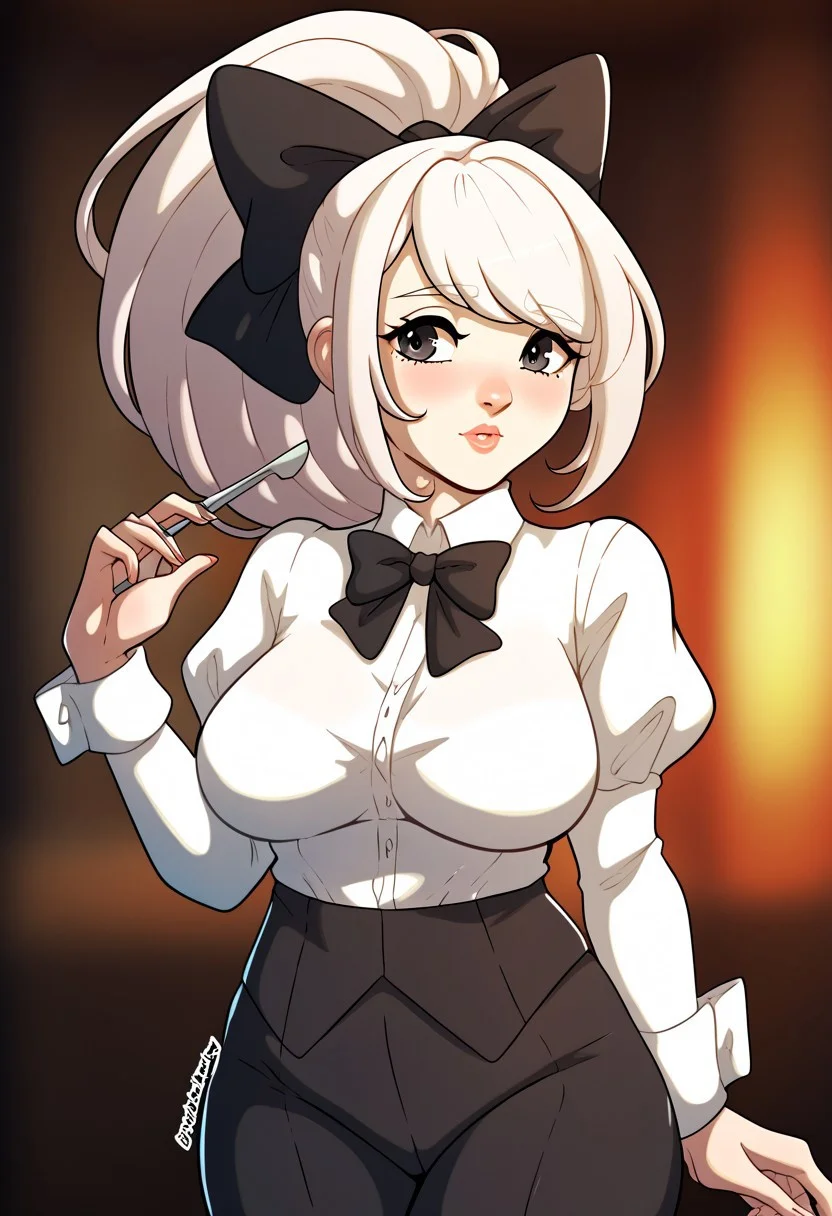 score_9, score_8_up, score_7_up, score_6_up, score_5_up, score_4_up, source_cartoon, <lora:confetti-extract- ponyxl:0.85>, detailed eyes, easynegative, rating_explicit, Expressiveh, 1girl, solo,
Geraldine, shirt, long sleeves, white shirt, white hair, ponytail, sidelocks, thighs, hair bow, collared shirt, pants, puffy sleeves, bowtie, black eyes, wrist cuffs, black bow, dress shirt, swept bangs, black pants, high ponytail, juliet sleeves, black bowtie, sleeve cuffs, traditional bowtie, necktie, big breasts, blush, shy, glossy lips, kinkymation