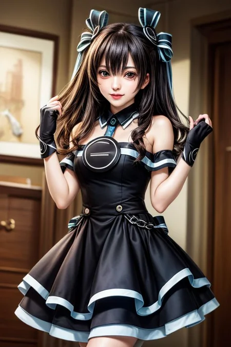 score_9, score_8_up, score_7_up, score_6_up, score_5, score_4, masterpiece, best quality, high resolution, highly detailed, perfect lighting, 1girl, solo,uni, 1girl, solo, red eyes, black hair, long hair, two side up, hair between eyes, hair ribbon, black dress, sleeveless dress, ribbon, bare shoulders, black gloves, elbow gloves, fingerless gloves