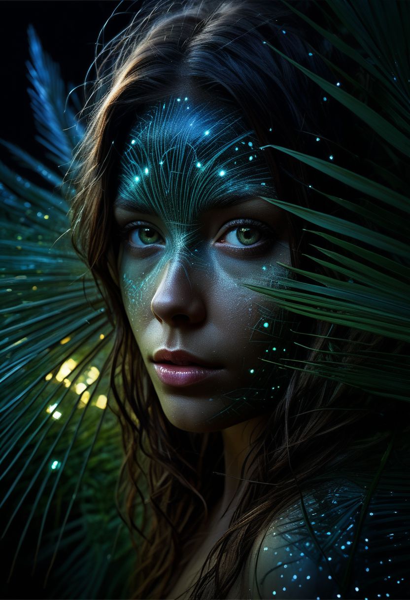close-up face, mysterious silhouette of a woman, glowing fireflies illuminating her, night time palm trees, goddess, alluring, by Minjae Lee, Carne Griffiths, Emily Kell, Steve McCurry, Geoffroy Thoorens, Aaron Horkey, Jordan Grimmer, Greg Rutkowski, amazing depth, double exposure, surreal, geometric patterns, intricately detailed, bokeh,  perfect balanced, deep fine borders, artistic photorealism , smooth,  great masterwork by Suiras  <lora:add-detail-xl:2>  <lora:Double_Exposure:0.5>