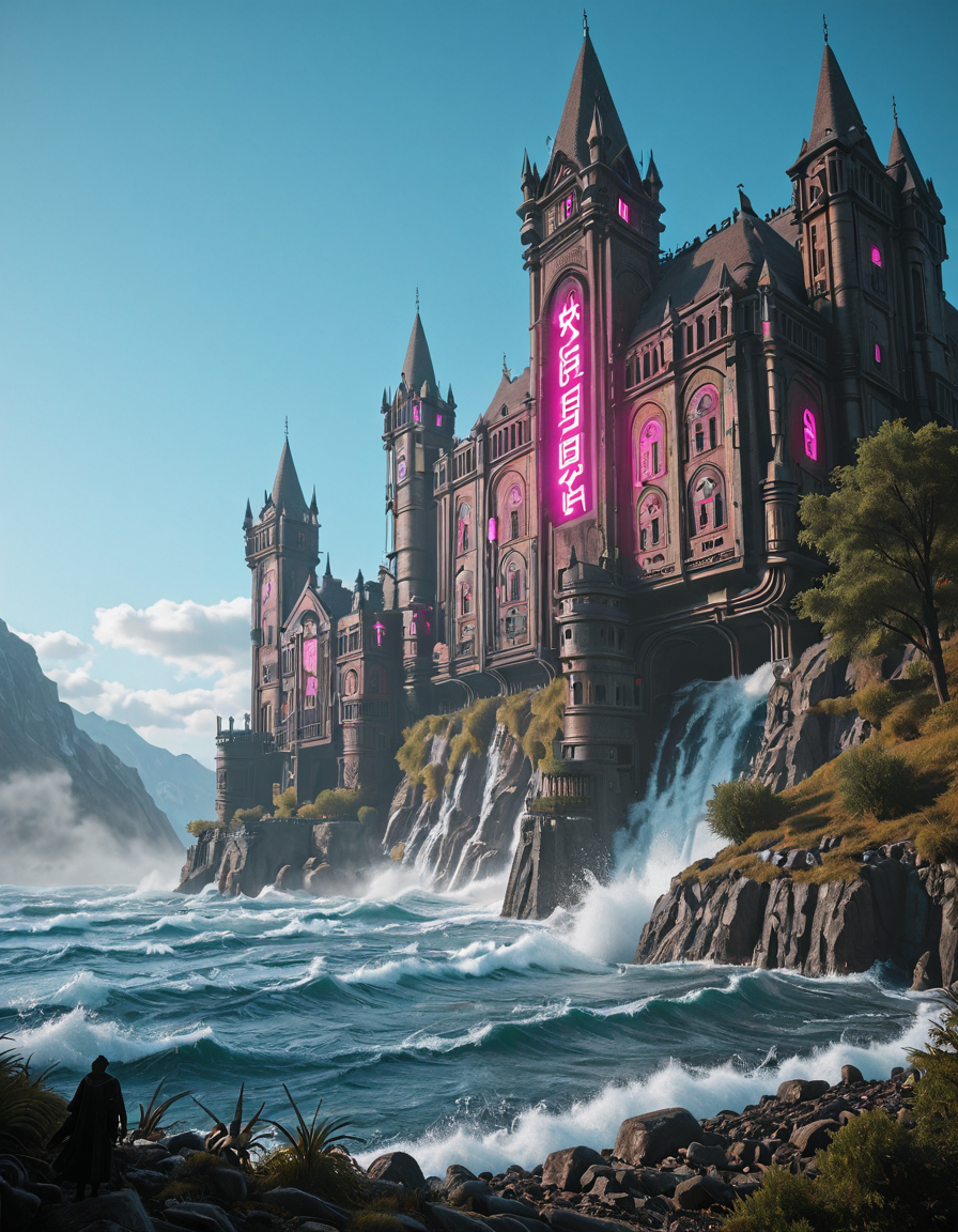 <lora:CWMinis01v2illb:1> cw01mini, hologram tree, colorful, vegetation, medieval, medieval castle, glowing kanji, glow, illuminated, day, neons, too many wires, tubes on walls, low angle shot, photo, mist, persons, blue sky, sunny day, glowing runes, rough sea, high waves, splashing, rocks, mountains, steampunk, cyberpunk, dracula