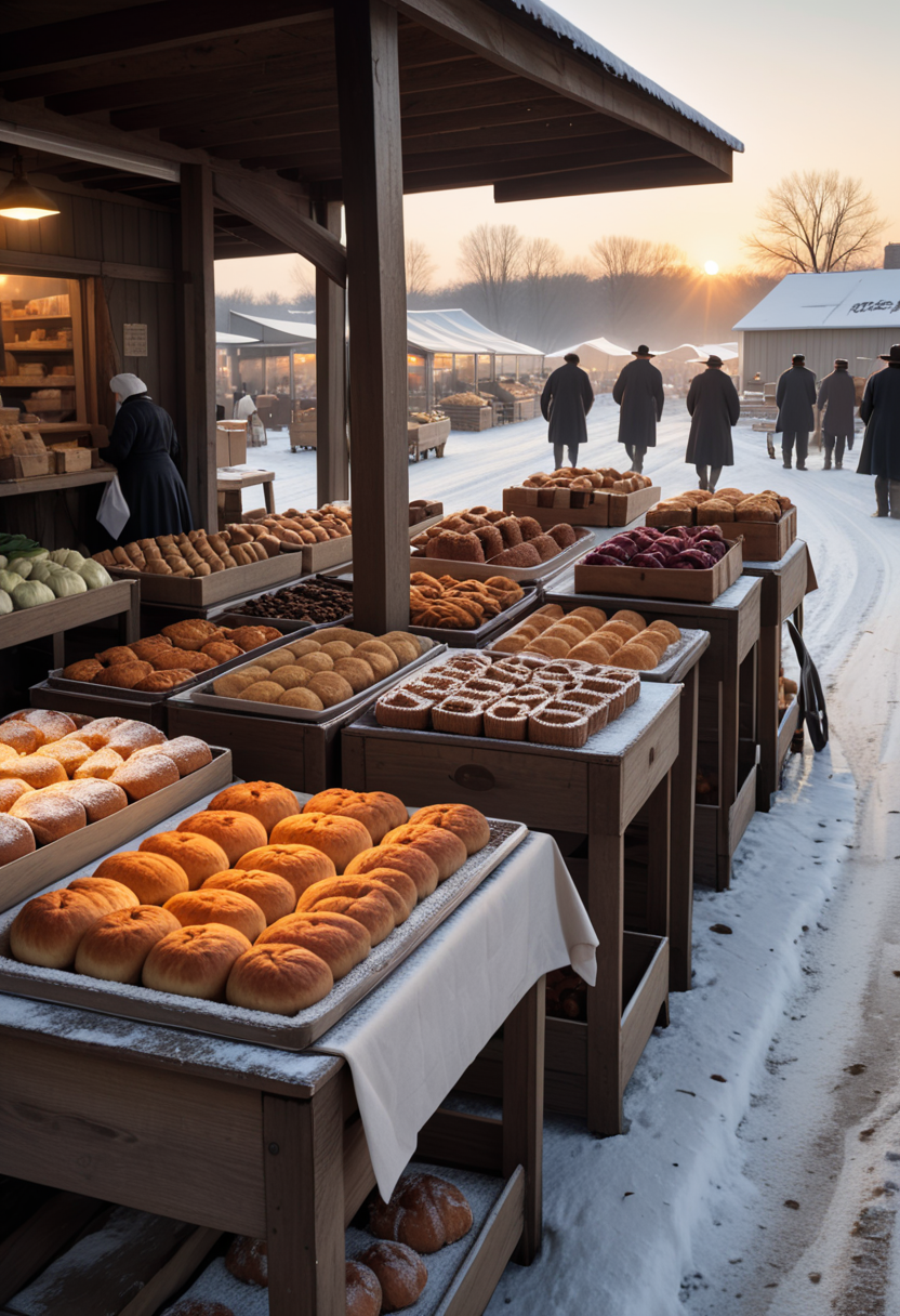 photo of a lively Amish market, featuring tables of baked goods, wooden crates of vegetables, handcrafted items, simple signage, during winter, at sunrise ,Masterpiece,best quality, raw photo, realistic, very aesthetic