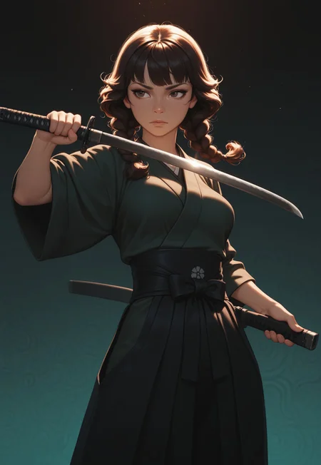HDR, 8K, masterpiece, best quality, amazing quality, very aesthetic, newest, volumetric lighting, (realistic:1), (flat colors:1.2),  incoth, (incase:0.1),

1girl, solo, medium breasts, (samurai:1.2), dark green kimono, curly hair, shoulder-length hair, brown hair, twin braids, twin braids at the front, detailed eyes, grayish brown eyes, black Hakama, backlighting, cowboy shot, holding katana, weapon focus, reflection on blade, night, dynamic pose, intense, abstract background, act, cyberpunk, neon