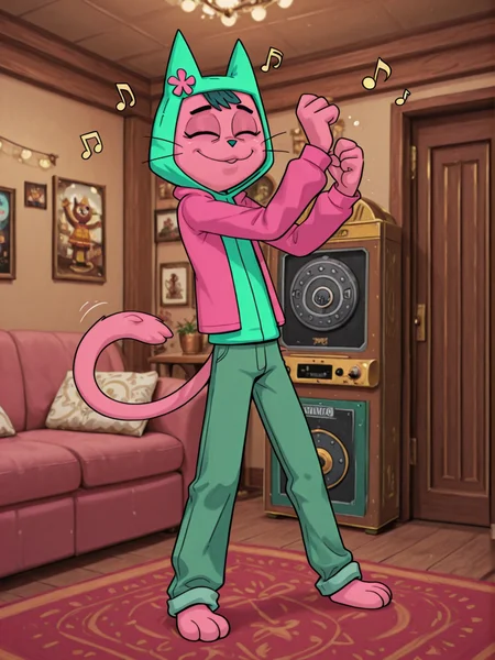 masterpiece, best quality, high quality, highres, absurdres, no humans
, indoors, house, living room
, BREAK
<lora:__Miauricio_Channel_5_Mexican_Mascot_v1.1 [IL]:0.7>, 1boy, male focus, solo, Miauricio, furry male, pink cat, pink fur, black eyes, green hair, short bangs, green nose, whiskers, prehensile tail, tail hand, mascot
, cyan hooded jacket, cyan cat hood, cyan hood up, pink open jacket, pink flower on hair, green baggy pants
, ^_^, dancing, music, jukebox, musical note, emphasis lines