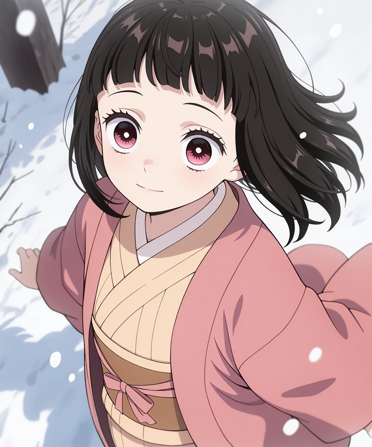 1girl,
KamadoHanakoKimetsunoYaiba, 
general, solo, perspective, dynamic angle, upper body,
eyelashes, pink kimono, yellow kimono, brown sash, pink ribbon,
light smile,
snow,
depth of field, 
<lora:kp_KamadoHanakoKimetsunoYaibaIllustrious_v1_0:1.0>,
masterpiece, best quality, amazing quality