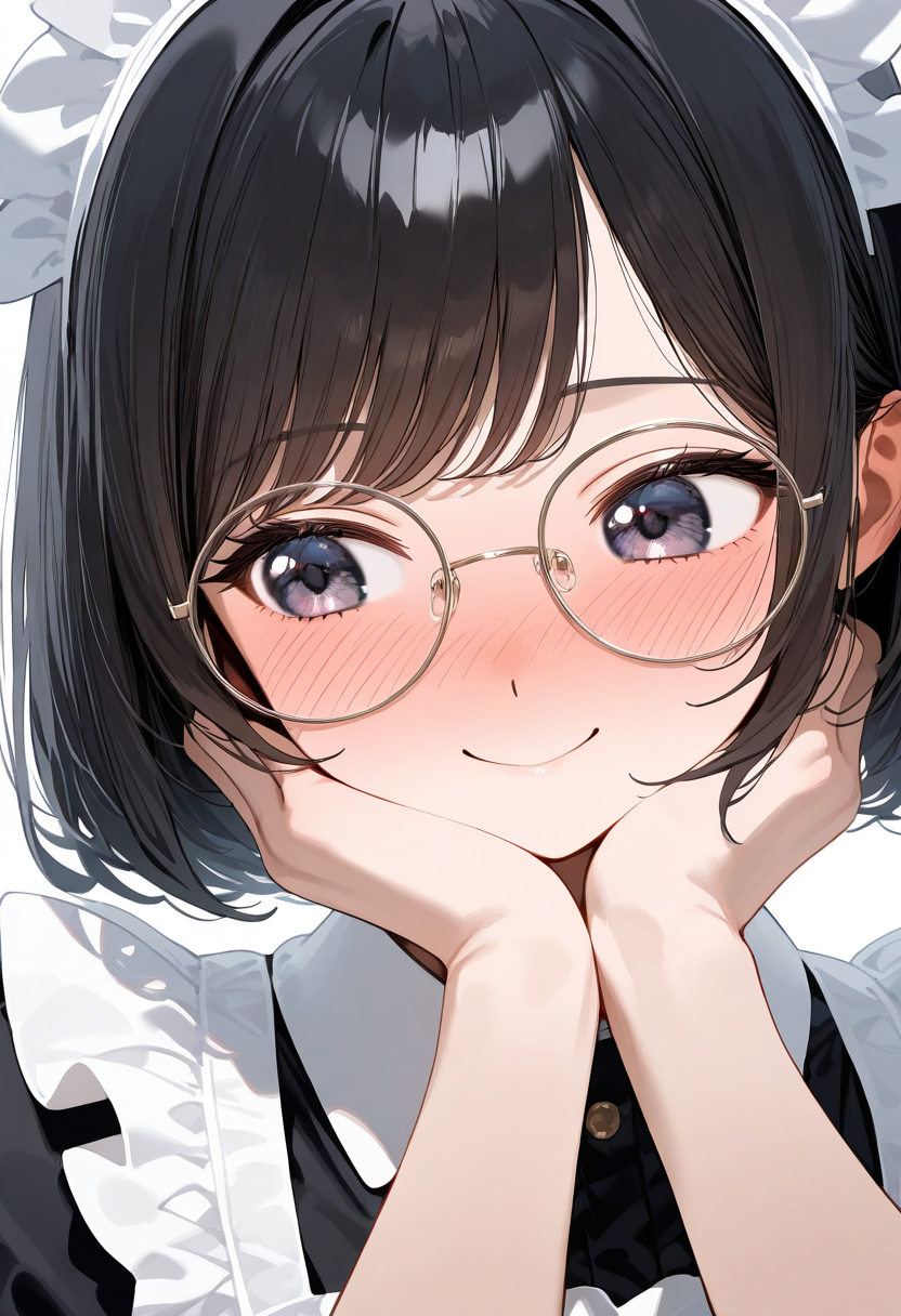 round_glasses22A, round eyewear, grey-framed eyewear,
1girl, solo, black hair, bob cut, swept bangs, maid headdress, maid dress, maid apron, happy, smile, nose blush, 
simple background, white background, portrait, upper body, looking at another, look down, looking to the side, hand on own cheek,
masterpiece, best quality, amazing quality, very aesthetic, absurdres,
 <lora:glasses_Round_Illustrious_V1L:1>