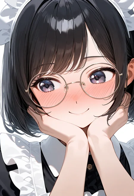 round_glasses22A, round eyewear, grey-framed eyewear,
1girl, solo, black hair, bob cut, swept bangs, maid headdress, maid dress, maid apron, happy, smile, nose blush,
simple background, white background, portrait, upper body, looking at another, look down, looking to the side, hand on own cheek,
masterpiece, best quality, amazing quality, very aesthetic, absurdres,
<lora:glasses_Round_Illustrious_V1L:1>