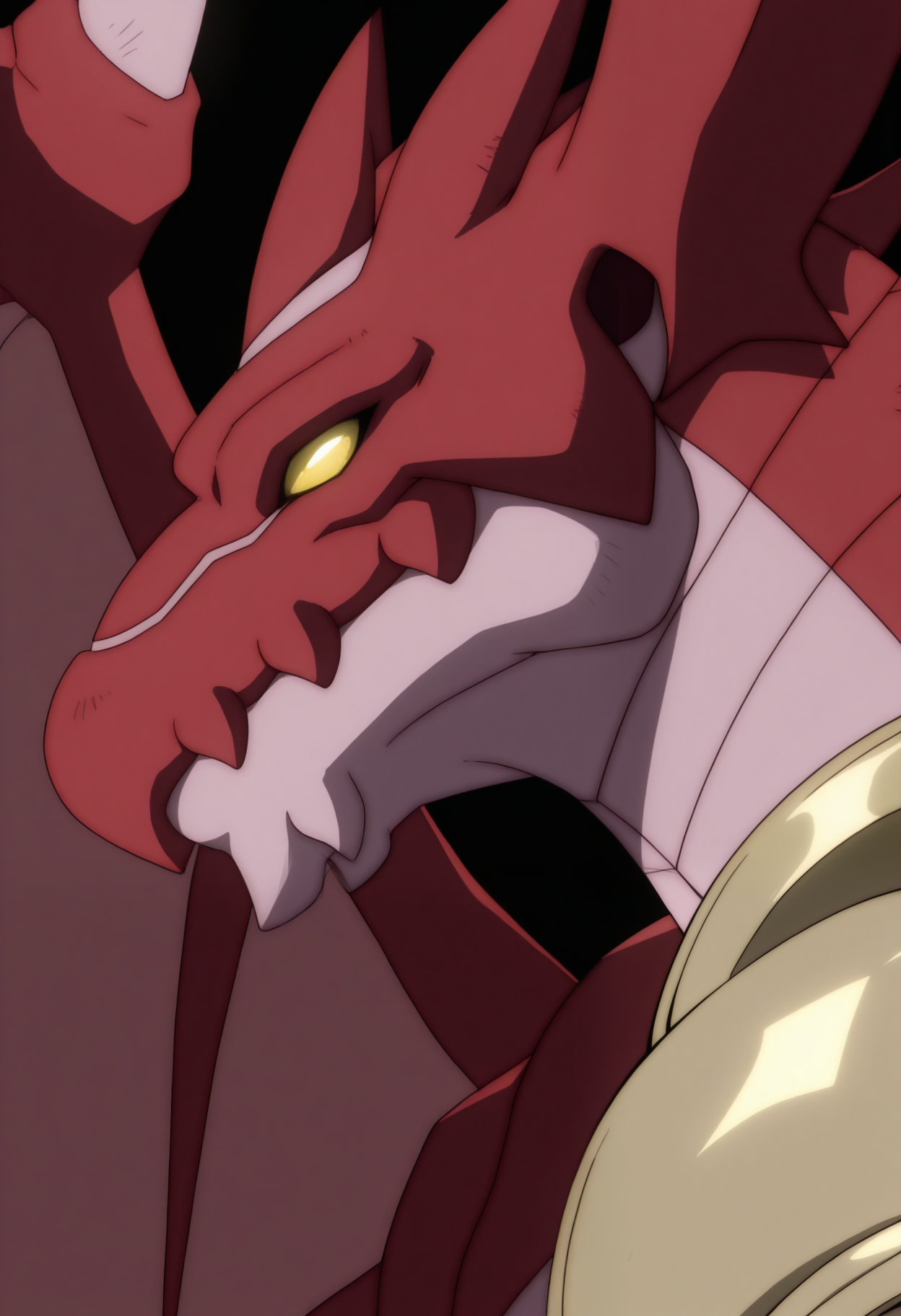 masterpiece,best quality,amazing quality, 1boy, solo, Dumj1d, dragon, red skin, colored sclera, no pupils, dragon wings, single pauldron, close up, side angle, 