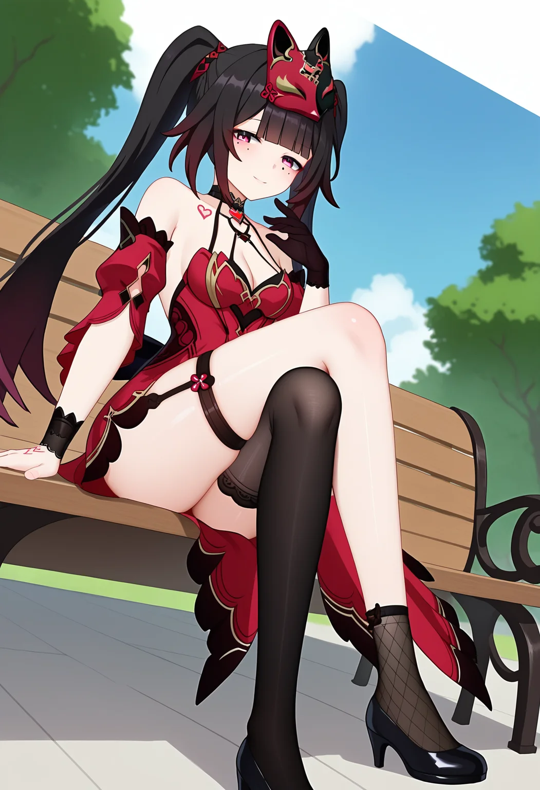 score_9, score_8_up, score_7_up, source_anime,
BREAK
1girl, solo,
<lora:shiSparkleV2:1.0>,
shisparklehonkai,
long hair, black hair, red eyes, multicolored hair, twintails, hair ornament, black fox mask, mask on head, black choker,
mole under eye, mole under each eye,
alternate costume, red and black dress, red dress, bare shoulders, detached sleeves, tattoo, cleavage,
black gloves, single glove,
black thighhighs, single thighhigh,asymmetrical legwear, black footwear, high heels,
looking at viewer, seductive smile, half-closed eyes,
outdoors, park bench, sitting, on back, crossed legs, from below,