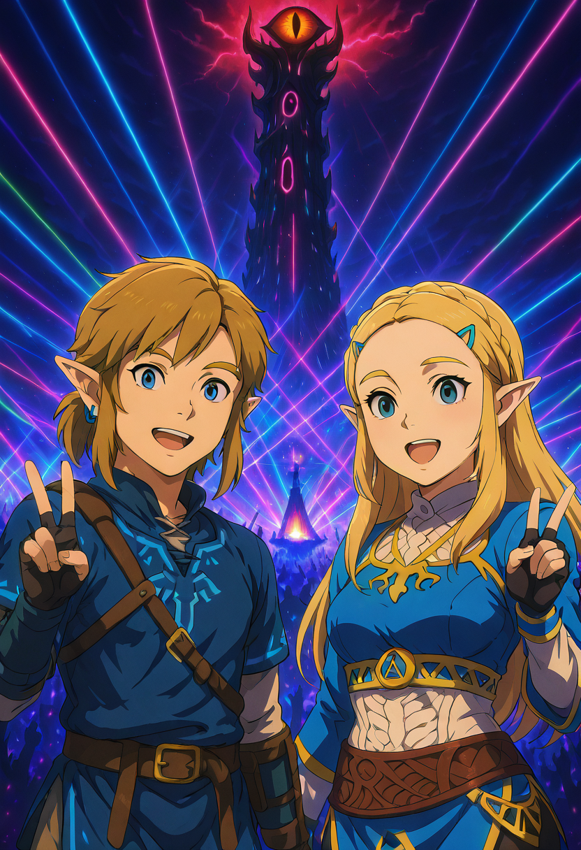 masterpiece, best quality,  L0rd0fTh3R4v3s,   1boy,  link, the legend of zelda, 1boy, pointy ears, blue eyes, blonde hair, earrings, blue shirt,   medium breasts, (curvy), princess zelda, long hair, crown braid, hairclip, pointy ears, blue shirt, long sleeves, fingerless gloves, black gloves, (upper body), white shirt, smile, teeth, :D, v,  ,<lora:SauronsRaveTower_IXL_v1:1.0>,
