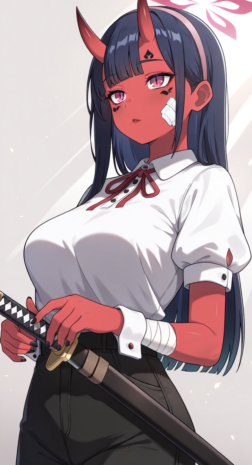 masterpiece, cute, lovely, newest, absurdres, (best quality:1.3), amazing quality, very aesthetic, 1girl, solo, high_resolution, hq, 4k, BREAK. high gradient eyes, very cute, light particles, cute details, cute colors, mature woman, (Kamuo_Style), red skin, oni, oni horns, dark blue hair, straight hair, blunt bangs, pink eyes, slit pupils, (medium breasts:1.2), sagging_breasts, BREAK, bandaid on face, bandaid, bandaid on cheek, forehead mark, parted lips, wrist cuffs, neck ribbon, short sleeves, fingernails, shirt, hairband, puffy short sleeves, puffy sleeves, shorts, t-shirt, bandages, sheath, sword, solo, holding, simple background, grey background, upper body, halo, facial mark, nail polish, closed mouth, red ribbon, black nails, bandaged arm, holding weapon, light frown, light rays, pink hairband, red lips, scabbard, weapon, white shirt, masterpiece, best quality, very aesthetic, intricate details, vivid colors, smooth shading, dynamic lighting, professional illustration, soft gradients, balanced composition, elegant pose, high-resolution, sharp focus, 8k, hdr, crisp lines, perfect lighting, sharp eyes, detailed eyes, highly detailed, naughty face