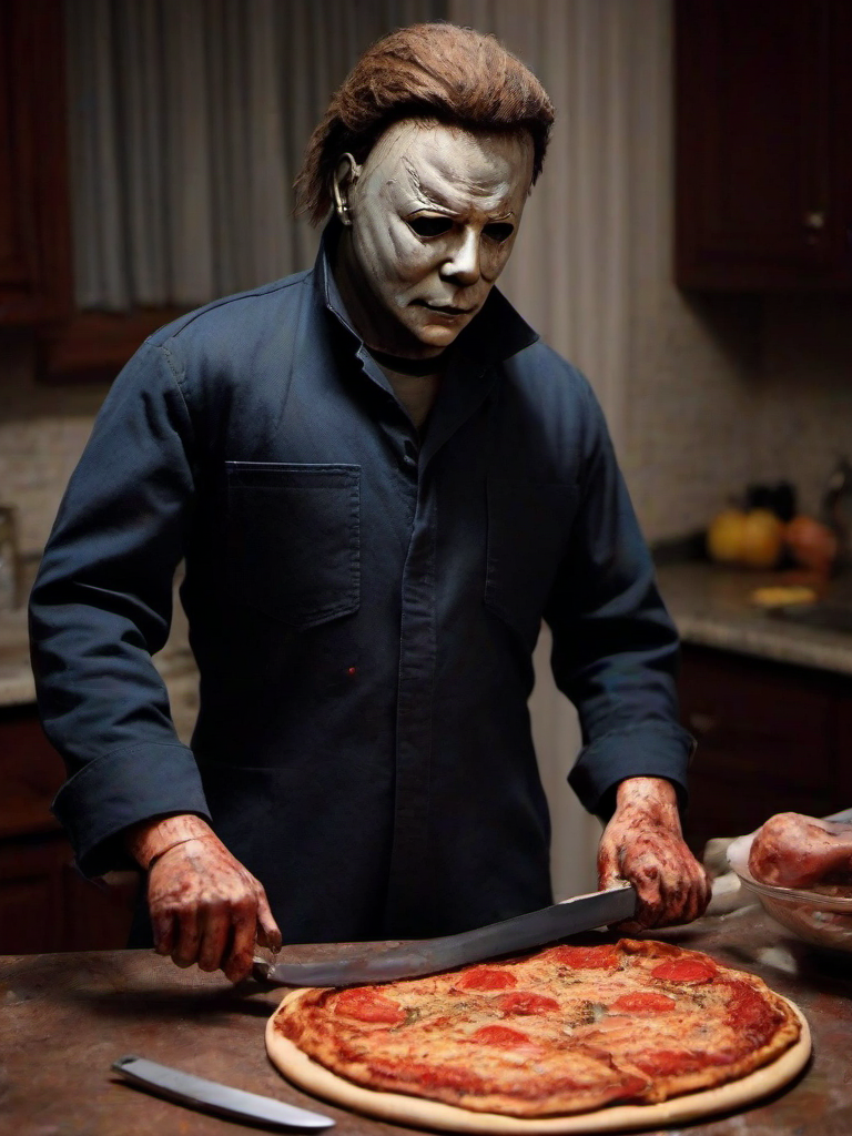 Masterpice,High Quality,
 <lora:PE_Michael Myers:0.8> PEMichaelMyers,
slicing pizza with a knife,