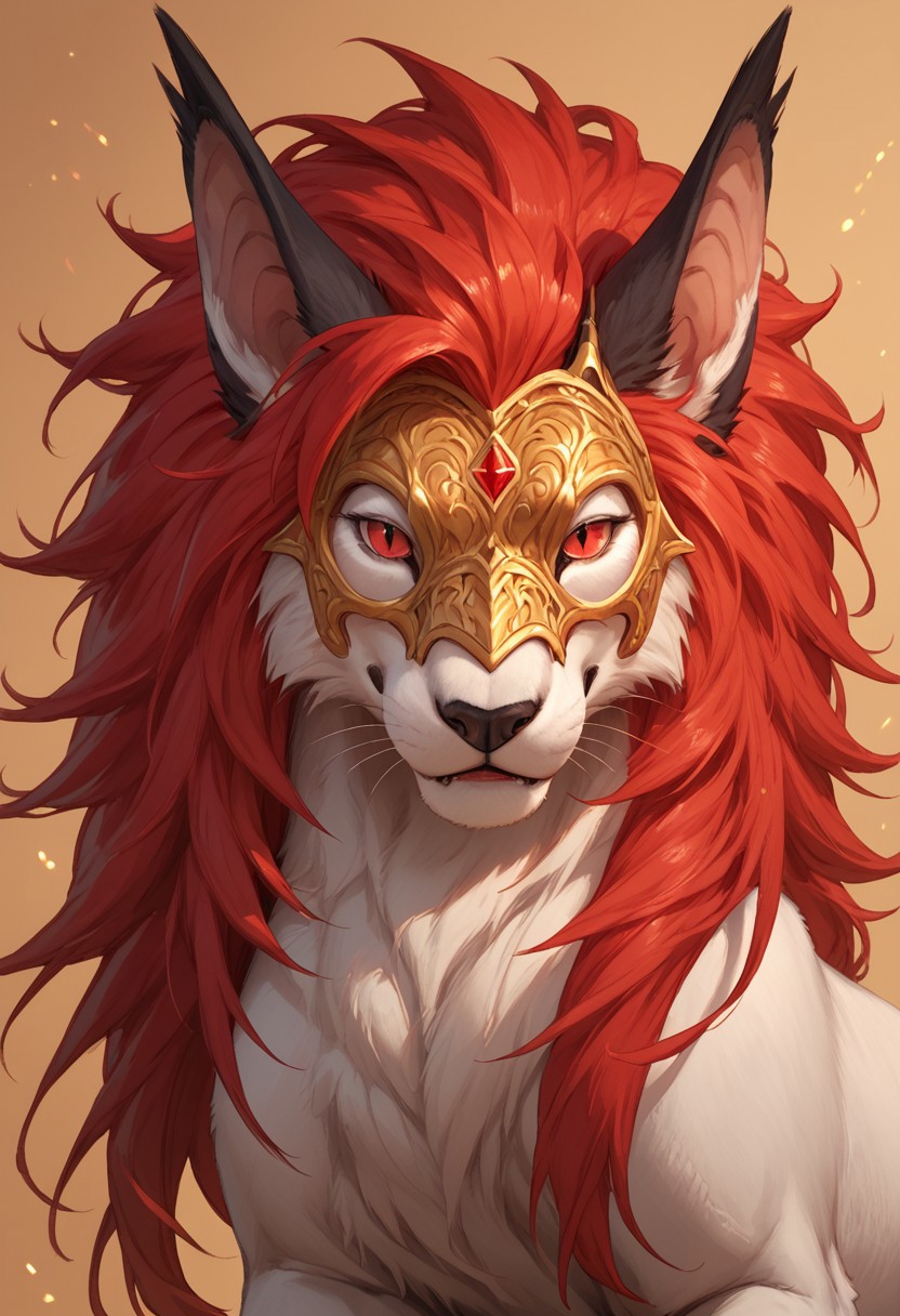 solo, score_9,score_8_up,score_7_up, solo, ((feral)), portrait, close up,  ((female)), seductive, rosard, furry dragon, white body, white lion head, golden mask on face, red eyes, black nose, black bridge of nose, ((bat black ears)), (((long ears))), ((red mane)), detailed background