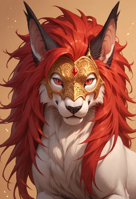 solo, score_9,score_8_up,score_7_up, solo, ((feral)), portrait, close up, ((female)), seductive, rosard, furry dragon, white body, white lion head, golden mask on face, red eyes, black nose, black bridge of nose, ((bat black ears)), (((long ears))), ((red mane)), detailed background