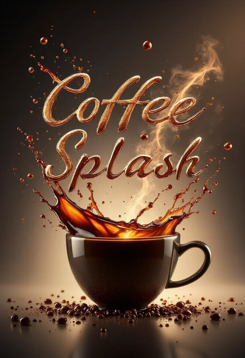 A yfg-c0ff text with splashed coffee written as "Coffee Splash" in the air above a cup of coffee, romantic, dynamic dramatic atmosphere, intricate, elegant, highly detailed, professional composition, sharp focus, beautiful, mystical, iconic, fine light, deep colors, ambient background, epic cinematic, pristine, enhanced, best, creative, positive, joyful, unique, pure