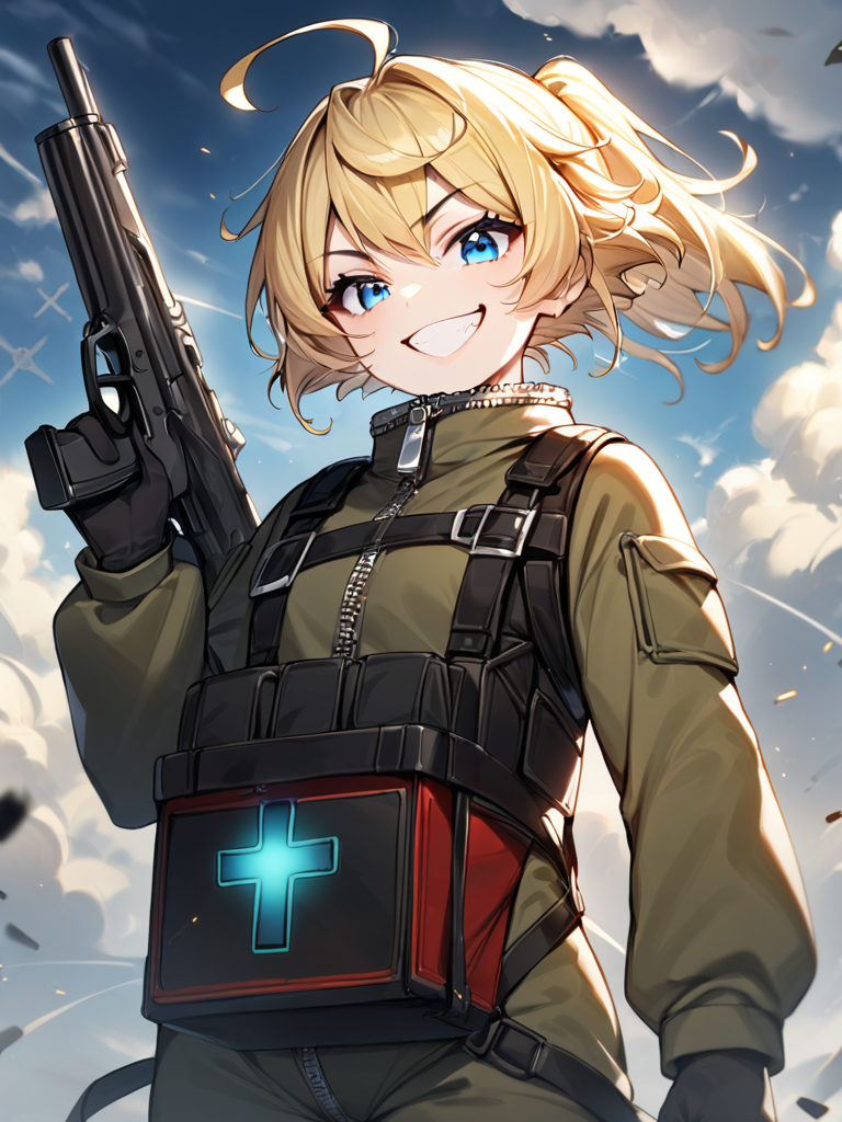 masterpiece,high resolution,
TanyaDegurechaff, flyingsuit, 1girl, solo, looking at viewer, smile, short hair, blue eyes, blonde hair, gloves, ponytail, weapon, ahoge, black gloves, cloud, grin, gun, cross, zipper,magic box backpack on front with cross and glow
 <lora:tanya_XL:0.6>