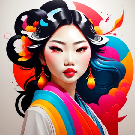 tshirtdesign vector colorful graffiti illustration of a beautiful asian woman in a traditional dress, long colorful hair, ink style, <lora:T-shirt_Design_v1a-10:1>