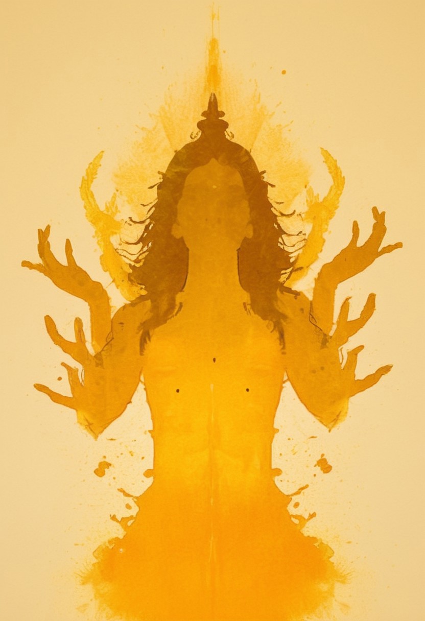 A rorschach-test resembling symmetrical goddess Shiva with four Arms and three eyes, Dancing, long hair, happy mood trigger, dark Amber and golden translucent ink splashes