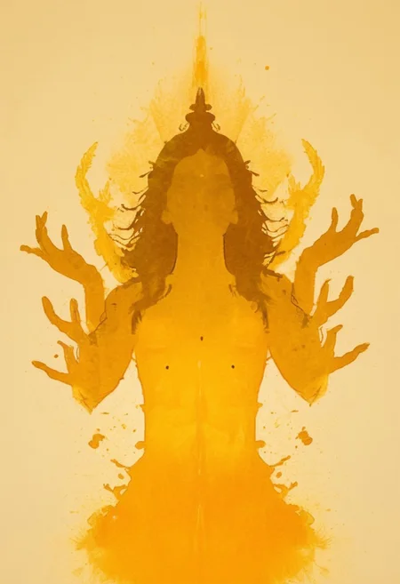 A rorschach-test resembling symmetrical goddess Shiva with four Arms and three eyes, Dancing, long hair, happy mood trigger, dark Amber and golden translucent ink splashes