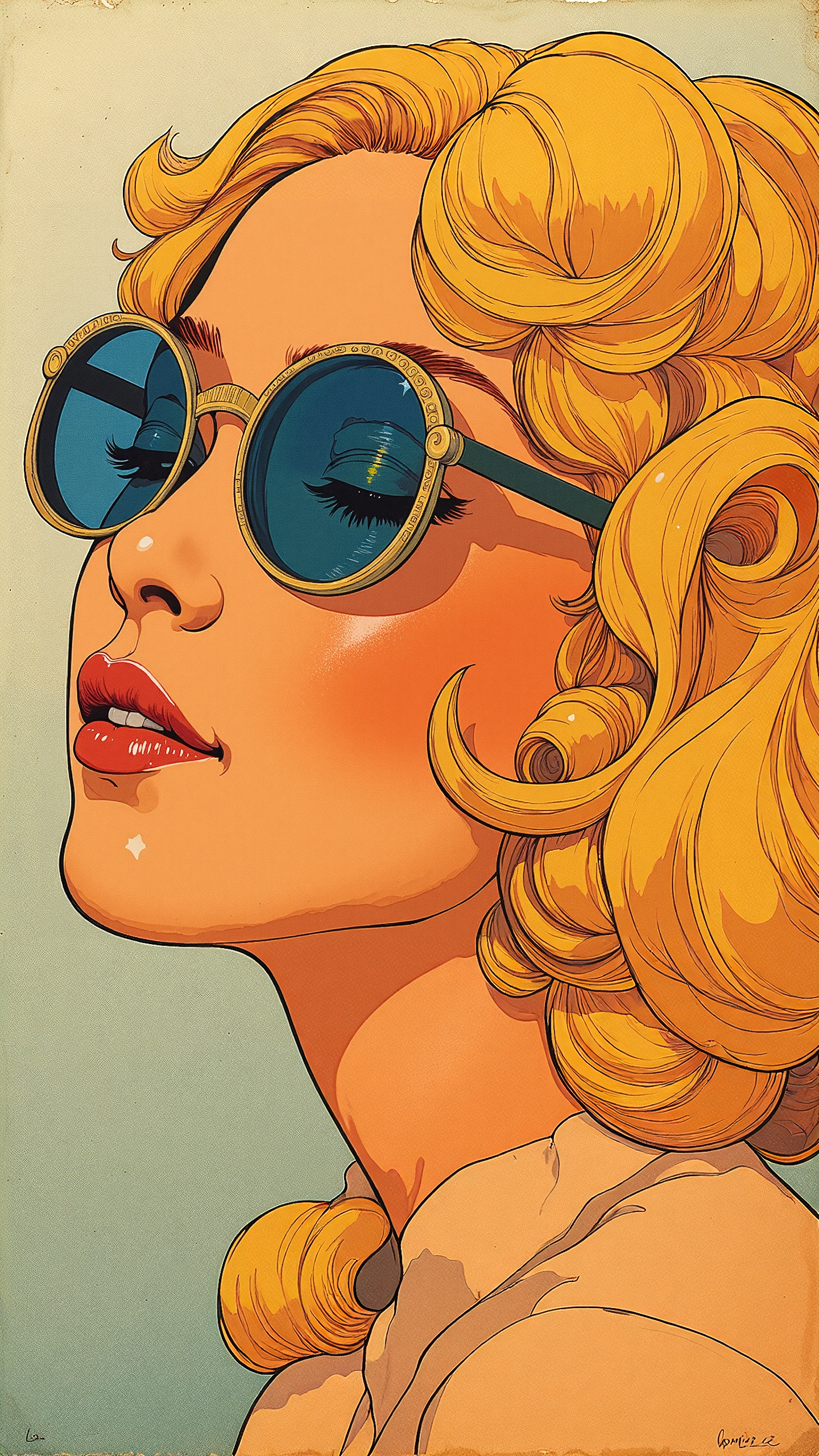 style of milton glaser, high-resolution anime-style illustration, Art Nouveau influences, elegant portrait of a blonde woman with voluminous, wavy hair cascading in intricate, flowing patterns, oversized vintage sunglasses reflecting soft golden light, deep red lips slightly parted, delicate filigree details subtly integrated into the background, warm muted color palette with soft gradients, painterly textures, refined and stylish atmosphere <lora:PinkieSoftcoreAnimeFLUX:0.8> <lora:style_of_Milton_Glaser_flux_368:1.0>
