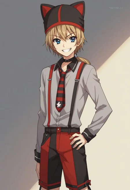 score_9, score_8_up, score_7_up, source_anime, highly detailed,
jironezu, 1boy, male focus, solo, blue eyes, hat, smile, upper body, shorts, suspenders,
blonde hair, necktie, striped, socks, hand on hip, grin, looking at viewer, animal hat, ponytail
outdoor,