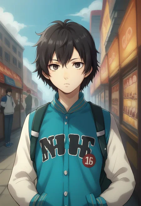 score_9, score_8_up, source_anime, highly detailed, 1boy, solo, skinny,
shinya, 1boy, solo, jacket, black hair, hands in pockets, bag,
black eyes, short hair, backpack, upper body, letterman jacket,
looking at viewer,