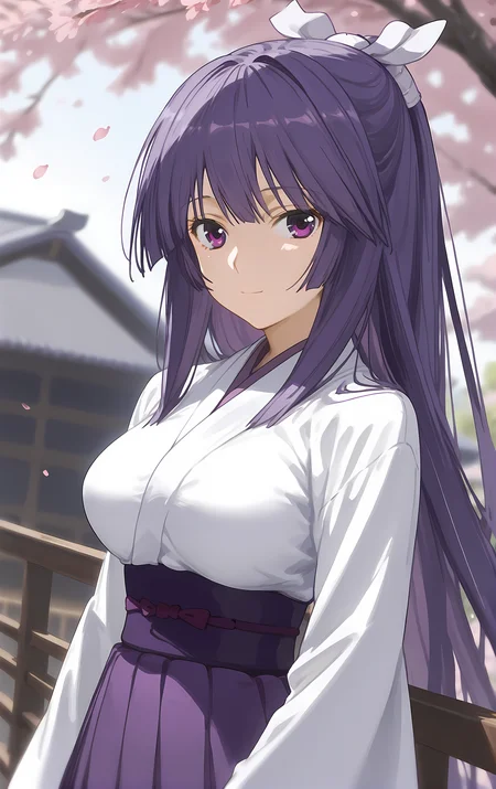 (score_9, score_8_up, score_7_up), looking at viewer, light smile, closed mouth, shiny skin, tight clothes,
ohwx, 1girl, solo, solo_focus, purple_eyes, long_hair, japanese_clothes, purple_hair, very_long_hair, breasts, ponytail, long_hair, breasts, large_breasts,
japanese_clothes, kimono, sash, kimono, skirt, hakama, hakama_skirt, purple_hakama, white_kimono,
blurry background, upper body, close-up, cowboy shot, dutch angle, against railing, hair tucking, looking at viewer, (cherry blossoms:1.1),
<lora:miya_asama_pony_ss-000002:1>