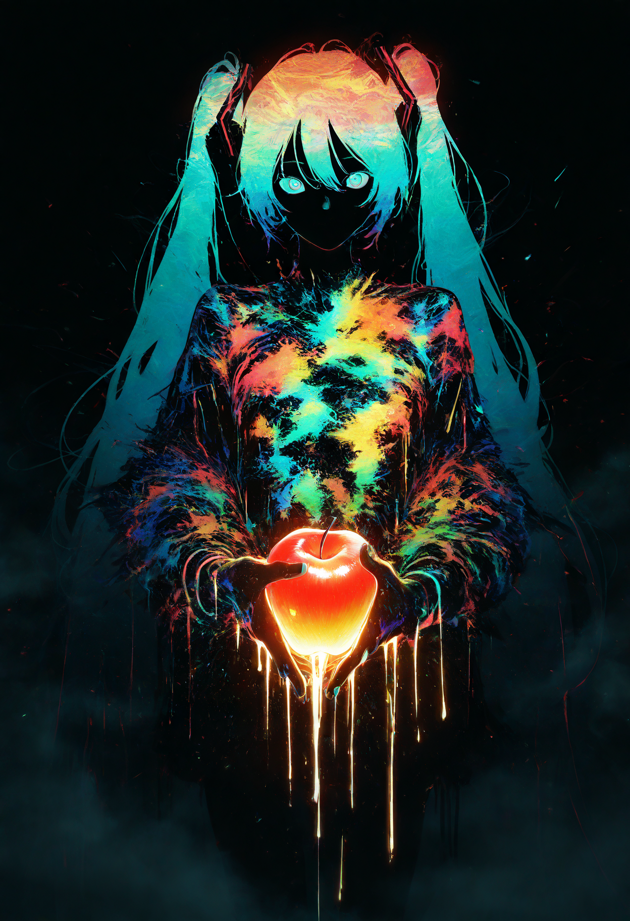 Hatsune Miku,limited palette,black background,colorful,vibrant,glowing outline,neon,blacklight,looking at viewer,apple,fog,from_side,, masterpiece,best quality,amazing quality,very aesthetic,absurdres,newest,scenery,impactful picture,offcial art,movie perspective,