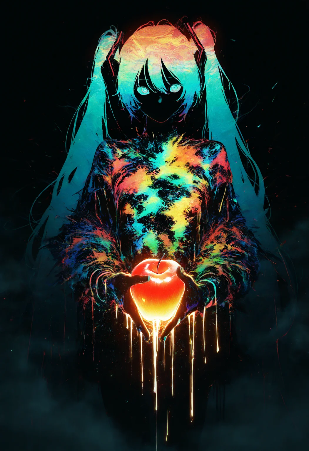 Hatsune Miku,limited palette,black background,colorful,vibrant,glowing outline,neon,blacklight,looking at viewer,apple,fog,from_side,, masterpiece,best quality,amazing quality,very aesthetic,absurdres,newest,scenery,impactful picture,offcial art,movie perspective,