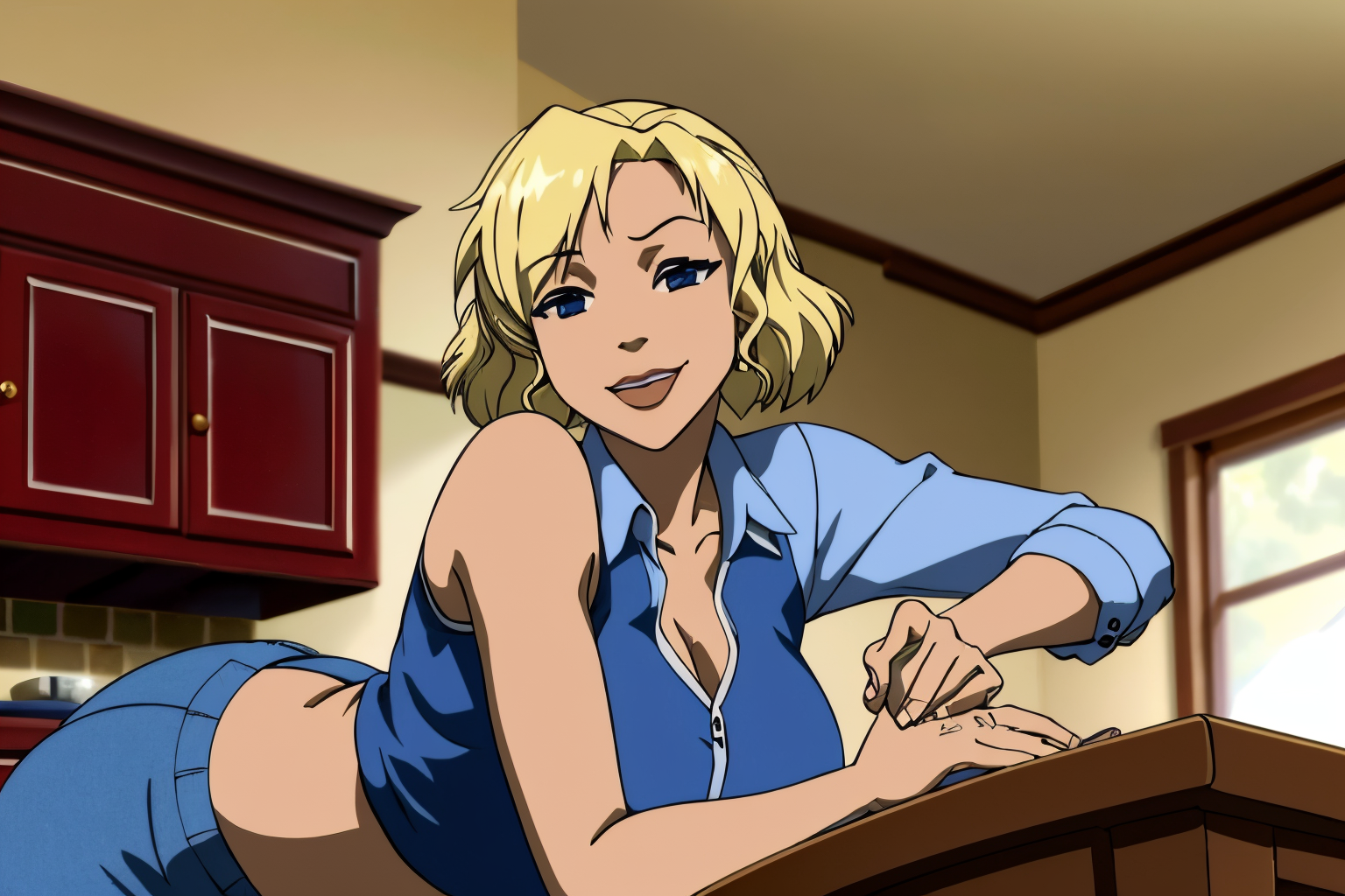 Hausa (Nigeria and surrounding countries) 24 years old woman Blonde Curly Bob, in the Kitchen, Lying on stomach with hands propping up head, Denim shirt with a midi skirt, EdobBoondocksArtStyle  <lora:EdobBoondocksArtStyle_v2.0:0.8>
