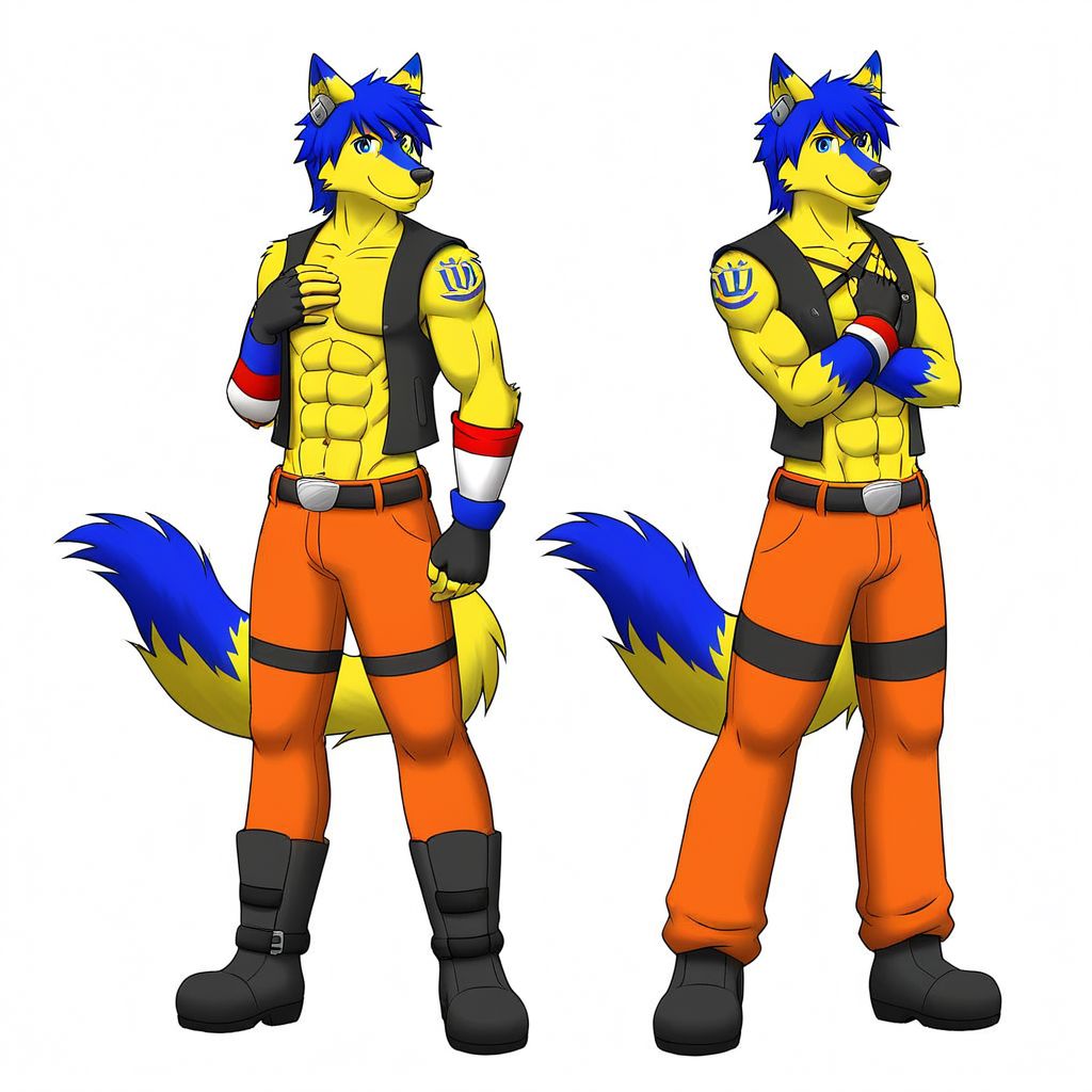 solo, male, anthropomorphic, wolf, humanoid body, yellow body, six pack abs, abs, defined muscles, two-toned arms, blue fur covered forearms, muscular, handsome, wolf face, fox ears, short hair, dark blue hair, dark blue eyebrows, blue eyes, two-toned ears, fur on the bridge of the nose, blue fur, smile, closed mouth, jewelry, ear piece, vest, open vest, vest strings, sleeveless. no tattoos, arm warmers, American styled sleeves, gloves, black gloves. fingerless gloves, pants, leather pants, pants with a single black strip design, orange pants, boots, pop styled boots, black boots, boots with blue soles, raised hand, raised hands, hand on chest, digital painting, white background, black belt, belt, buckle, silver buckle, long tail, wolf tail, two-toned tail, full body in view, feet in frame, digital product, box art, professional looking