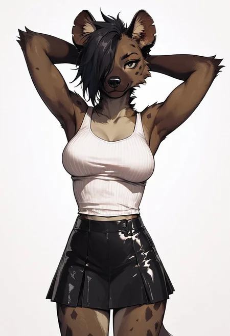 score_9, score_8_up, score_7_up, high detailed, high quality, masterpiece,
no text, quality highlights, 8k detail, source_anime, dynamic view, hentai,
ultra-detailed,
...
1girl, solo, ((furry girl)), ((furry hyena girl)),
female focus, expressiveh,
black eyes, (perfect slender body),
(medium breasts), hair over one eye,
(incredibly sexy), collarbone,
...
closed mouth, eyes wide, looking at viewer,
light smile, posing, focus on face,
standing, hands behind head,
((white tank top)), front view,
((black latex mini skirt)), cowboy shot,
thighs,
...
(((white background)))