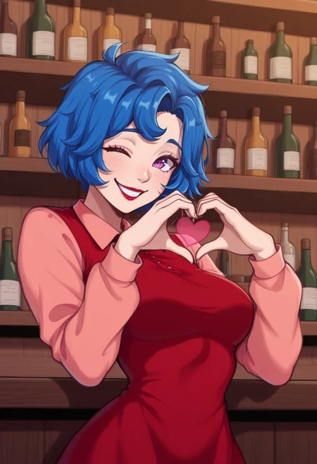 masterpiece, best quality, 1girl, solo, <lora:NSEmilyStardew:1> NSEmilyStardew, blue hair, purple eyes, lipstick, short hair, red dress, long sleeves, pink sleeves, heart hands, smile, one eye closed, indoors, saloon, bar, bottle shelf