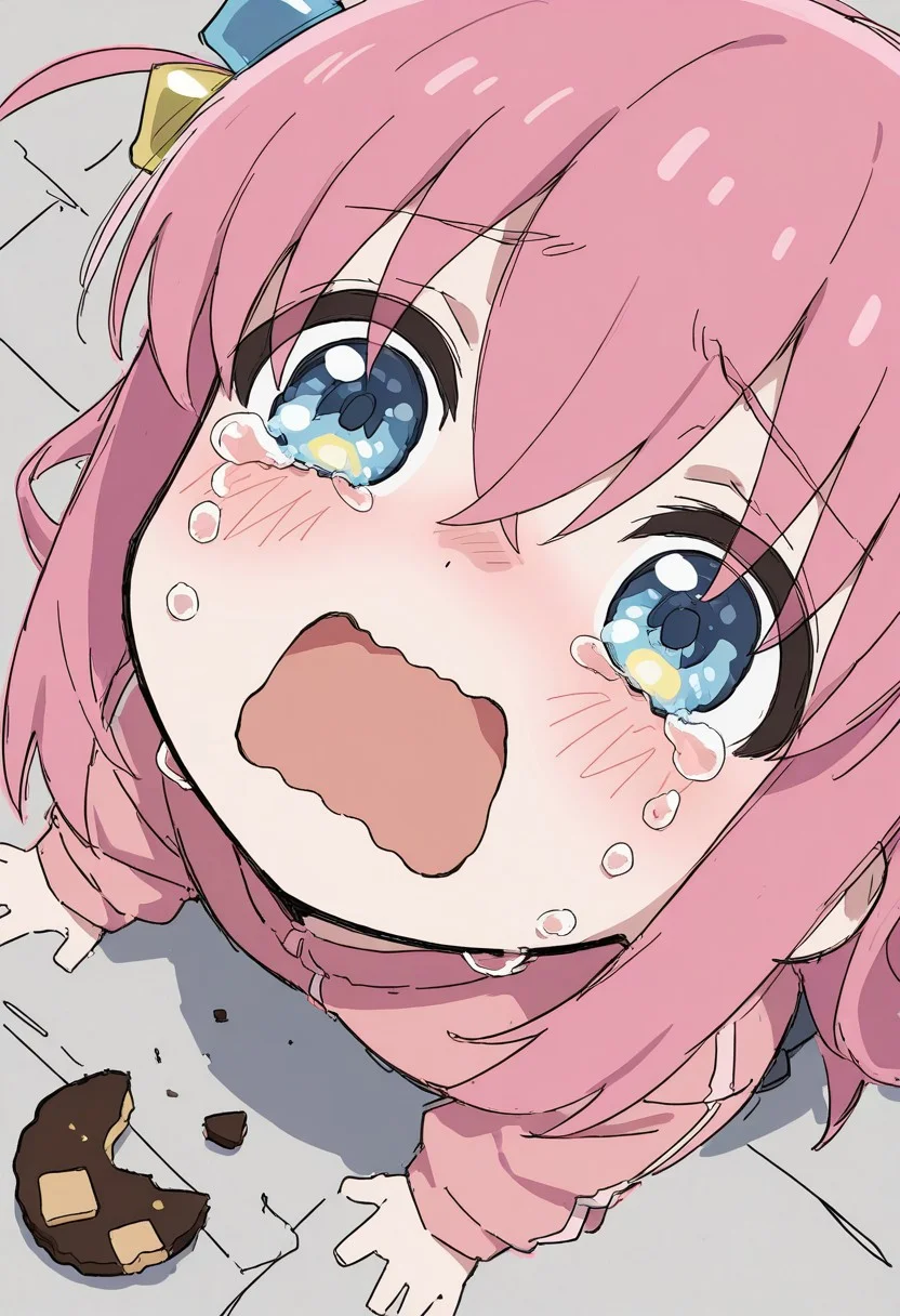 748cmstyle, foreshortening, close up, sketch, rough sketch, messy drawing, chibi, 1girl, solo, Gotoh Hitori, detailed eyes, open mouth, wavy mouth, tears, crying, blush, crying with eyes open, from above, high angle, crashed cookie on the ground, cookie, pink hair, dramatic pose