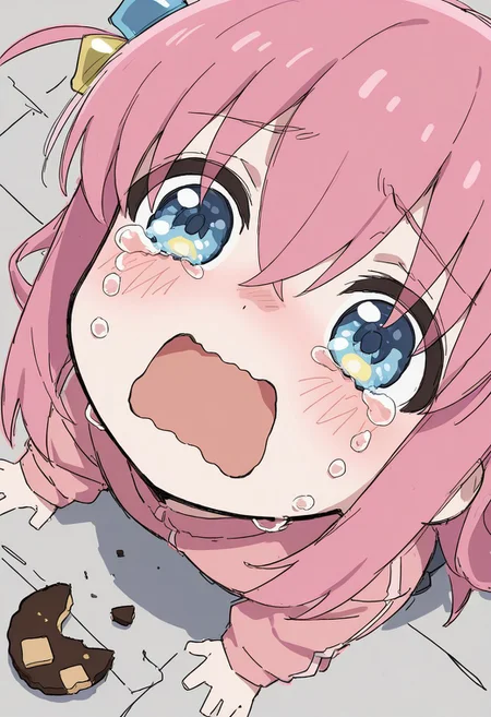 748cmstyle, foreshortening, close up, sketch, rough sketch, messy drawing, chibi, 1girl, solo, Gotoh Hitori, detailed eyes, open mouth, wavy mouth, tears, crying, blush, crying with eyes open, from above, high angle, crashed cookie on the ground, cookie, pink hair, dramatic pose