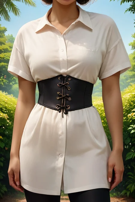 score_9, score_8_up, score_7_up, score_6_up, score_5_up, score_4_up, rating_safe, source_anime, portrait shot of a beautiful caucasian woman, age 21, irresistible, (casual:1.3), ancient tree of life in a mythical realm with fantastical creatures, ideal face, ideal body, wearing corset belt, shirt, leggings, (casual:1.3), zPDXL, <lora:Bonifasco_PonyXL_v1:0.6>, <lora:BT_Corset_Belt_Pony:0.6>