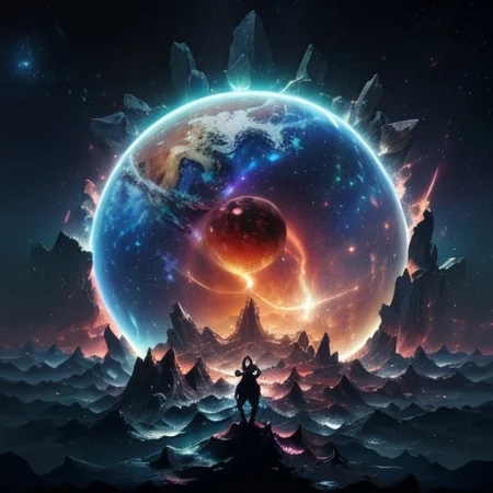 In the vast emptiness of the interstellar void, crystal cat omnipotent deities from separate dimensions collide. The Creator, a deity whose face is an ever-evolving canvas of galaxies and life, wields the power of creation, bringing forth stars, planets, and life forms with a wave of their hand. Opposite them stands the Destroyer, a god whose face is a shifting visage of decay and entropy, wielding the power of destruction, disintegrating celestial bodies and extinguishing stars. The clash of creation and destruction is a cosmic spectacle, with galaxies being born and dying in the wake of their unimaginable powers. highest quality, enhanced quality, creative, beautiful, vibrant, masterpiece, 8k, amazing details, amazing quality, amazing artist, sharp edges, detailed textures, full view, atmospheric lighting, amazing visuals, crystals fantasy, crystals, crystal, bg_imgs, cyberpunk, neon lights, science fiction, view from above,