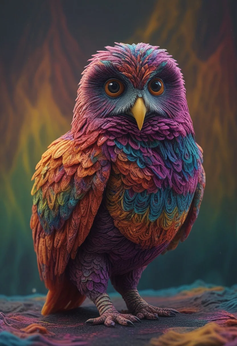 a cute chibby chicken mixed with a owl with big rainbow eyes made out of fractangles, it wears a cool rainbow bandana, very detailed, 4k, sharp, eating rainbow worms, novuschroma51 style