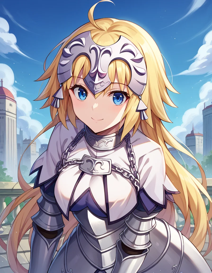 score_9, score_8_up, score_7_up, source_anime,
jeannedarc, <lora:jeanne-darc-ponyxl-lora-nochekaiser:1>,
jeanne darc, blonde hair, blue eyes, long hair, smile,
white dress, armor, armored dress, chain, collar, dress, faulds, gauntlets, headpiece, metal collar, plackart,
outdoors, cityscape, bent over,
looking at viewer, dutch angle, cowboy shot,