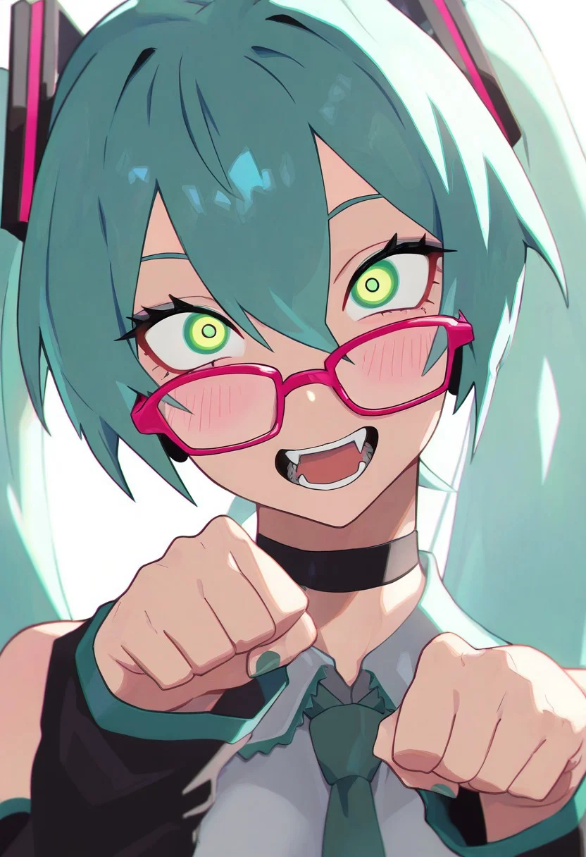 masterpiece, best quality, very aesthetic, high resolution, ultra-detailed, absurdres, newest, extremely detailed eyes, beautiful, perfect lighting, hi res, amazing quality, InHUMN_ST, aqua hair, green eyes, red-framed eyewear, teeth, fangs, black choker, hatsune miku, paw pose,
