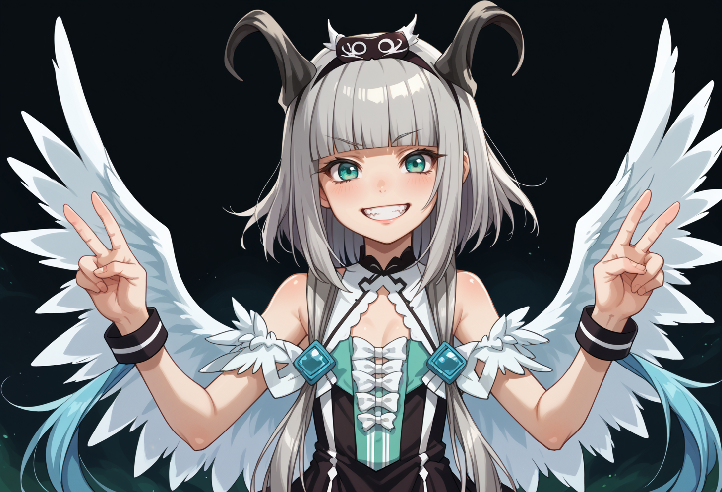 score_9, score_7_up, source_anime, BREAK solo, <lora:AEVentuswill (2):0.8>  AEVentuswillHu, teal eyes, grey hair, blunt bangs, short hair with long locks, black horns, tail, White wings, hairband, bare shoulders, black dress, portrait, grin, double v,